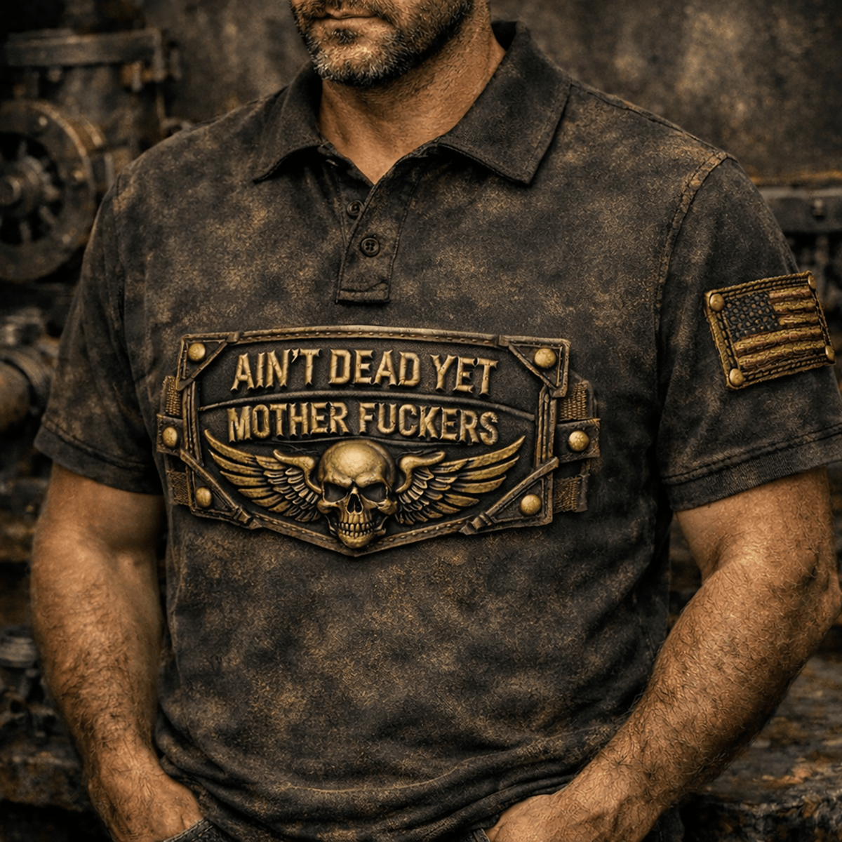 Skull Wing Graphic Printed Camouflage Polo Shirt Ain’t Dead Yet Patriotic USA Flag Biker Style Polo, Father’s Day Gift