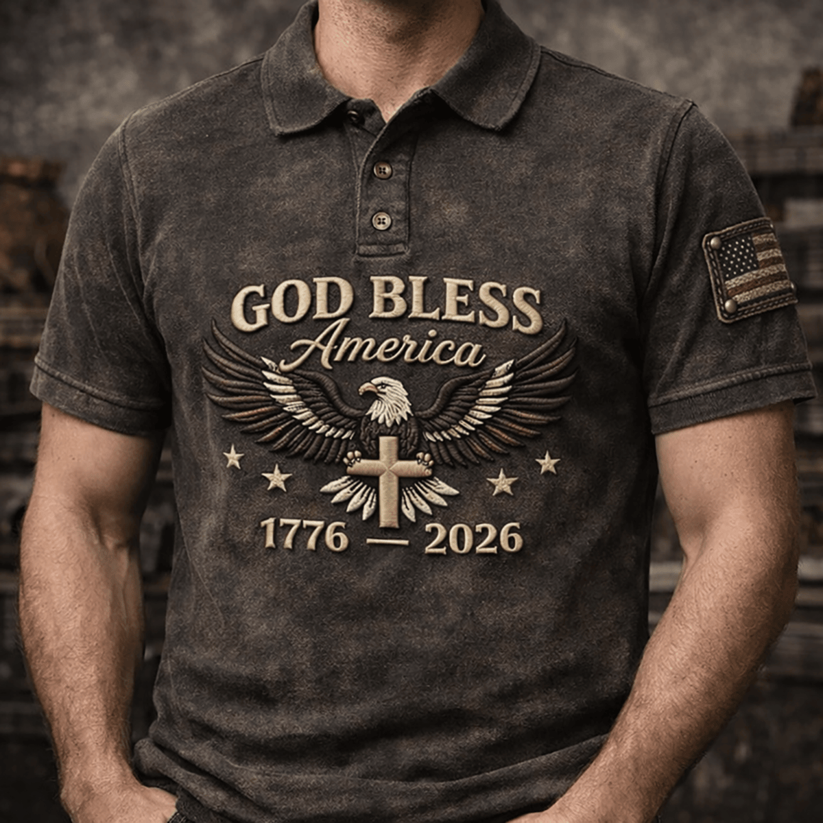 God Bless America 1776–2026 Printed Patriotic Polo Shirt, Eagle Cross Christian USA Flag Polo, Patriotic Faith Outfit, Father’s Day Gift