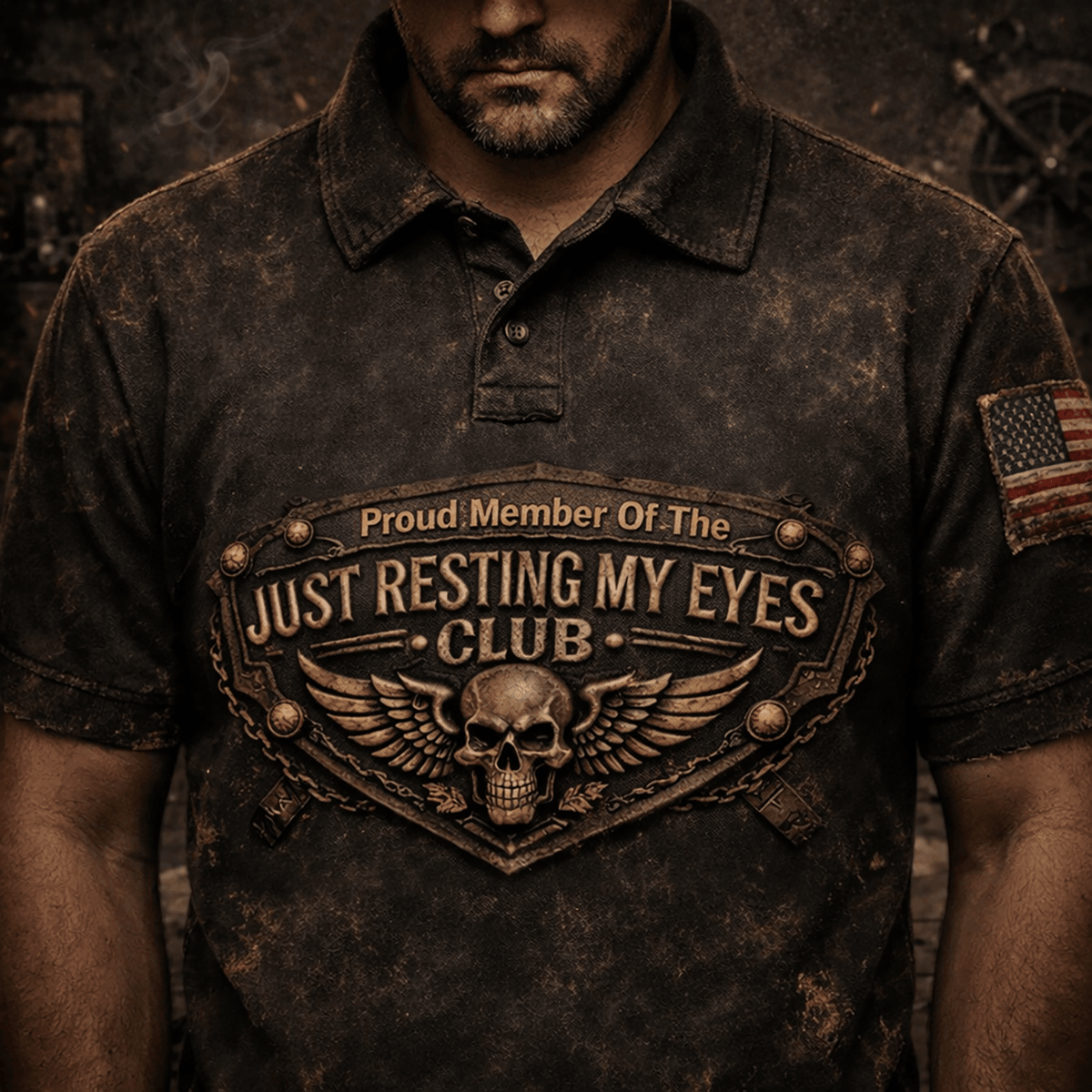 Proud Member Just Resting My Eyes Club Printed Skull Biker Polo Shirt, Vintage Patriotic USA Flag Polo, Funny Gift for Dad