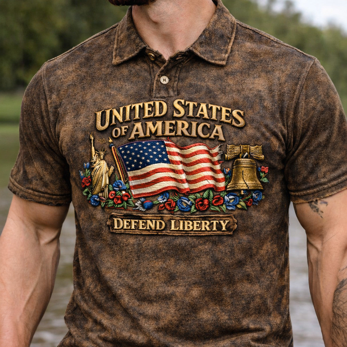United States of America Defend Liberty Patriotic Polo Shirt, American Flag Statue of Liberty Vintage USA Freedom Polo