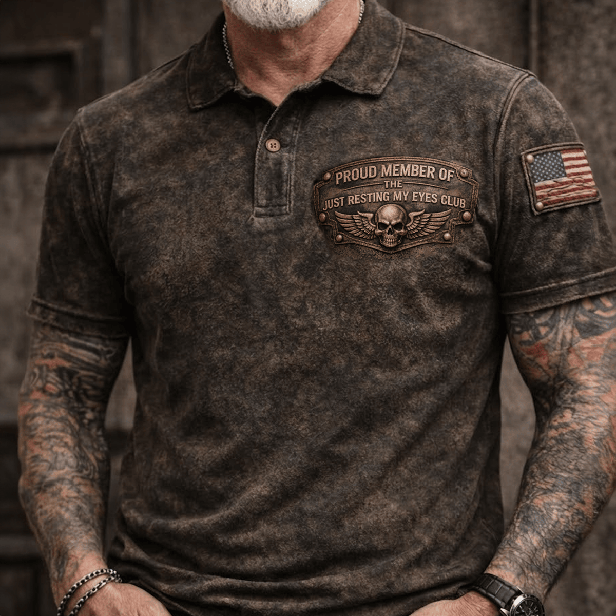 Proud Member Of The Just Resting My Eyes Club Skull Biker Polo Shirt, Funny Dad Vintage Patriotic Polo, Father’s Day Gift for Dad
