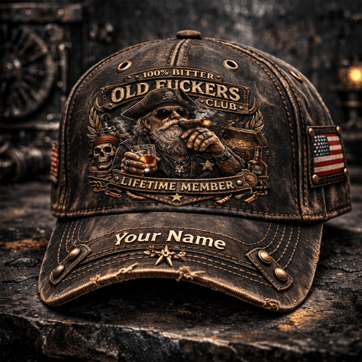 Old Fuckers Club Pirate Printed Hat, Lifetime Member Custom Name Cap, Funny Vintage Gift for Dad, Father’s Day Skull Style Cap