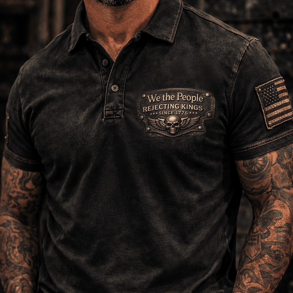 We The People Rejecting Kings Print Polo Shirt, Patriotic Vintage Style Top, Gift for Dad, Father’s Day Freedom Theme Apparel