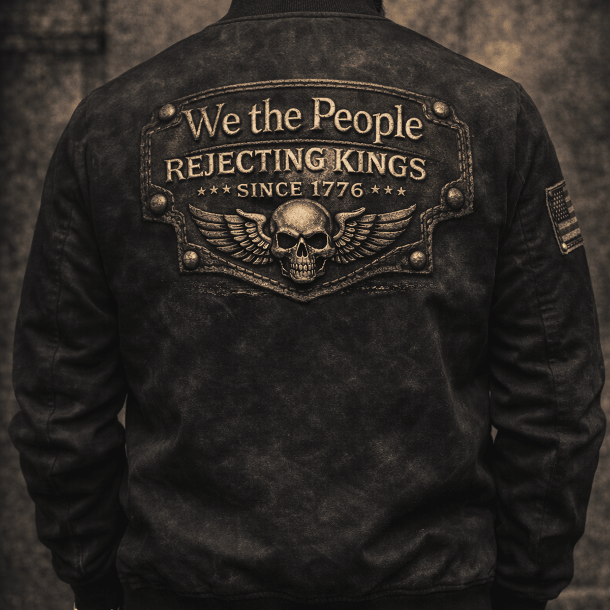 We The People Rejecting Kings Printed Bomber Jacket, Patriotic Back Print, Freedom Gift for Dad, Father’s Day USA Style Outfit