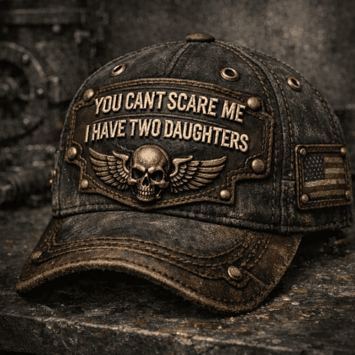 You Can’t Scare Me I Have Two Daughters Printed Hat, Funny Dad Cap USA Flag, Gift for Father of Girls, Father’s Day Vintage Hat