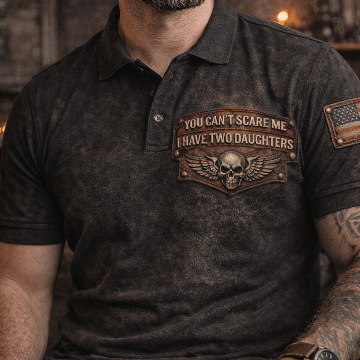 Vintage Polo Shirt Printed You Can’t Scare Me I Have Two Daughters Father Day Gift For Dad Funny Mens Shirt
