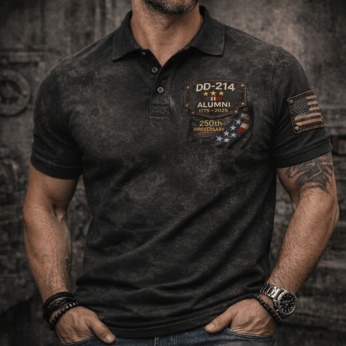 DD-214 Alumni 250th Anniversary Printed Polo Shirt, Premium Father's Day Apparel for Veteran Dad, Gift USA Pride