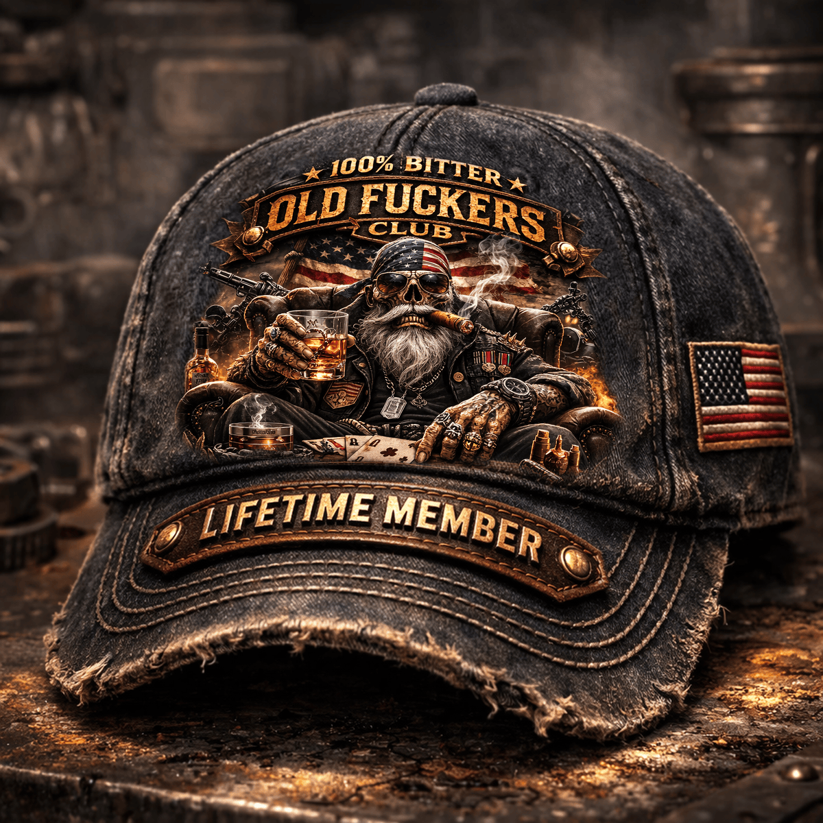 Old Fuckers Club Skull Biker Hat Printed Lifetime Member Whiskey Cigar Design USA Flag Cap Funny Biker Gift For Dad