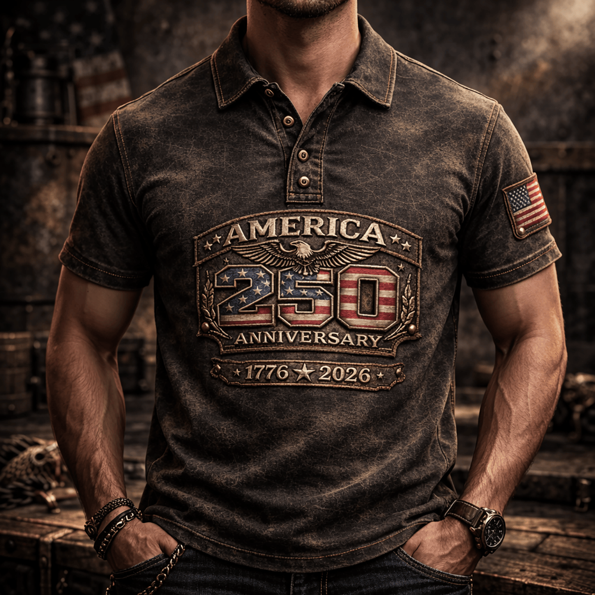 America 250 Anniversary Printed Polo Shirt USA Flag Patriotic Shirt 1776 2026 Fathers Day Gift For Dad Mens Polo Shirt 4th Of July