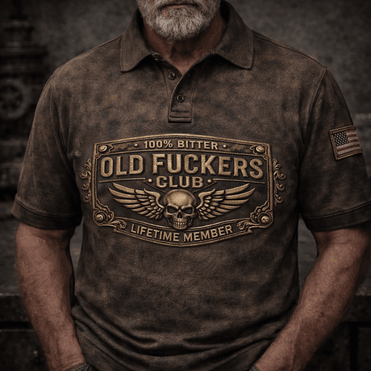 Old Fckers Club Printed Skull Biker Polo Shirt Vintage Style Polo Shirt Funny Fathers Day Gift For Dad Mens Polo Shirt USA Flag Design