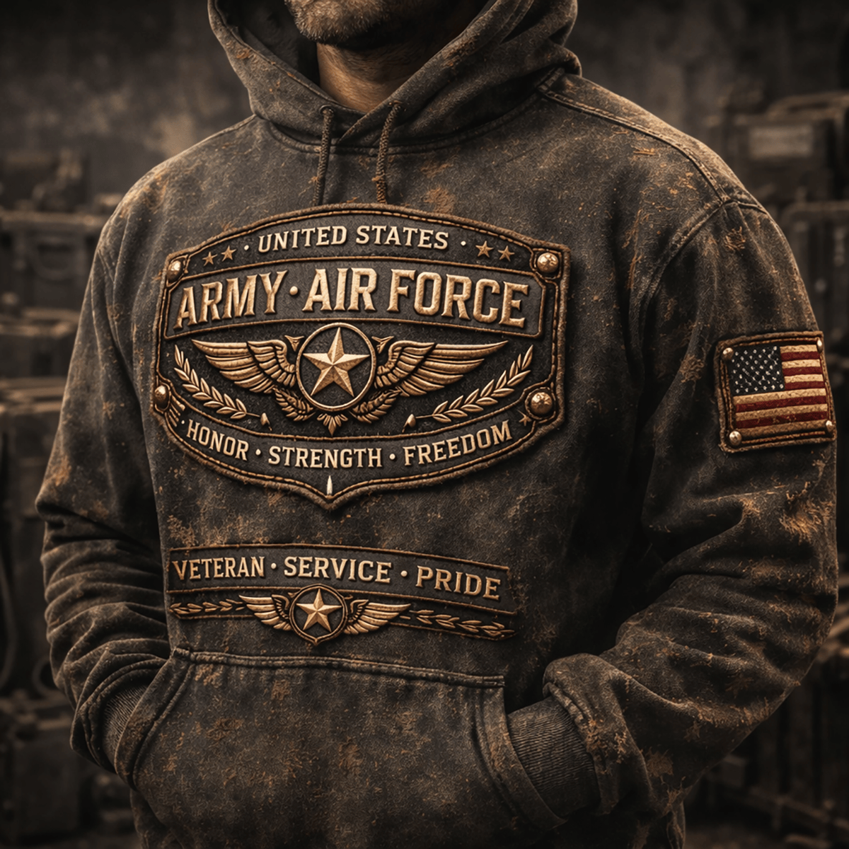 United States Air Force Veteran Printed Vintage Hoodie Service Pride Design Fathers Day Gift For Dad Mens Hoodie USA Flag Patch Graphic