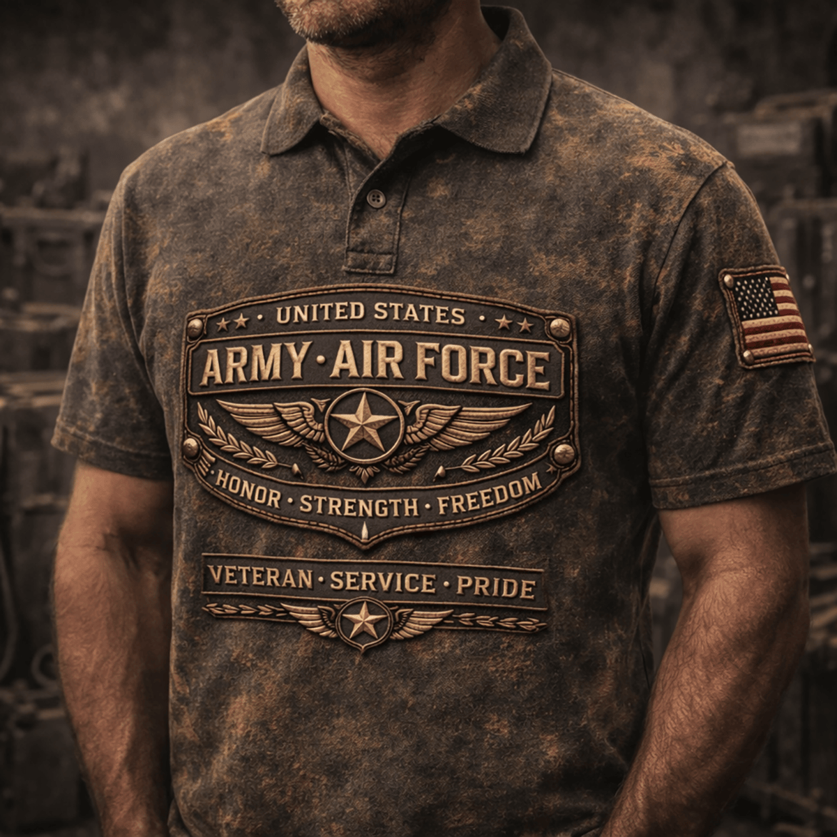United States Air Force Veteran Printed Vintage Polo Shirt Service Pride Design Fathers Day Gift For Dad Mens Polo Shirt USA Flag Patch