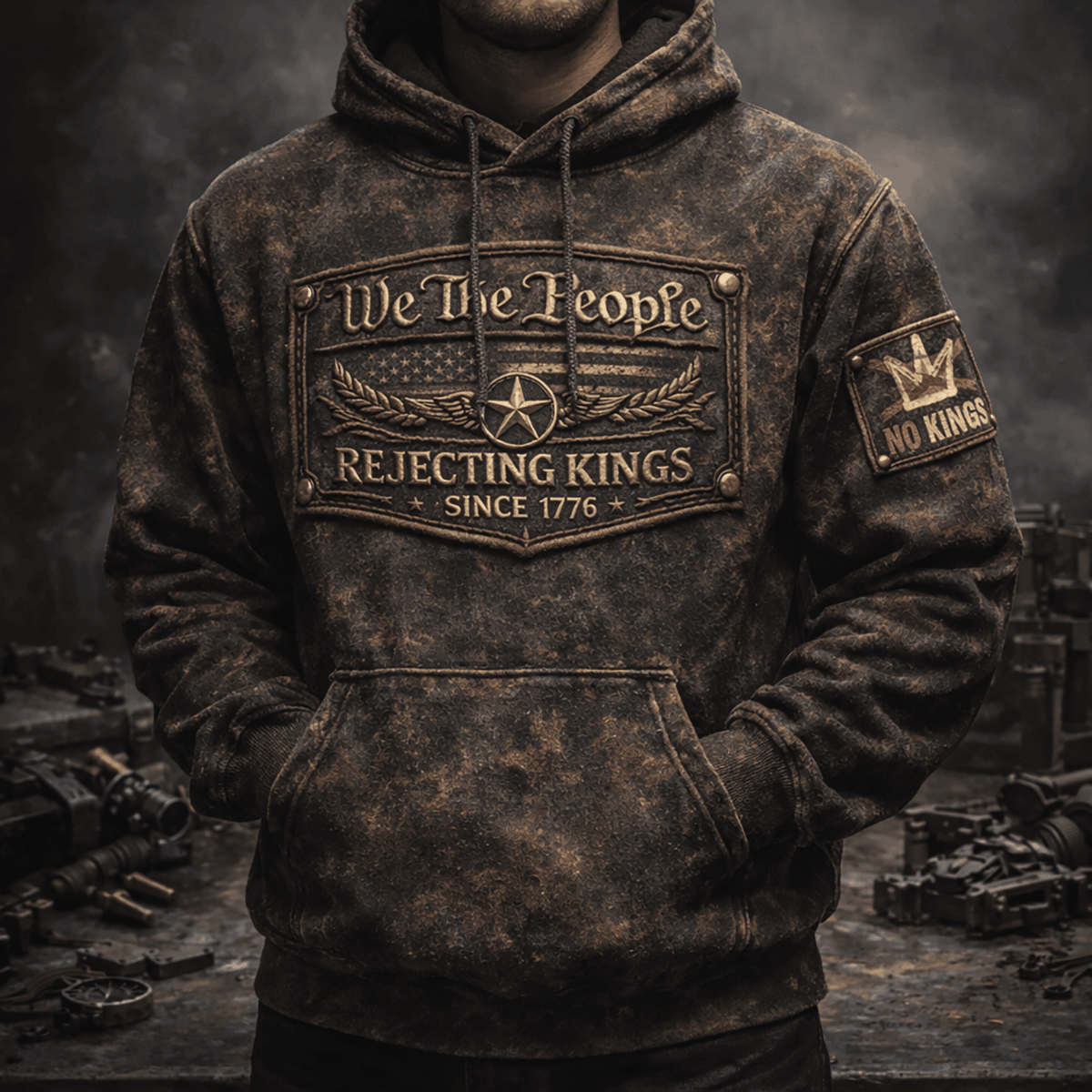 We The People Rejecting Kings 1776 Printed Vintage Hoodie No Kings USA Flag Design Fathers Day Gift For Dad Mens Hoodie