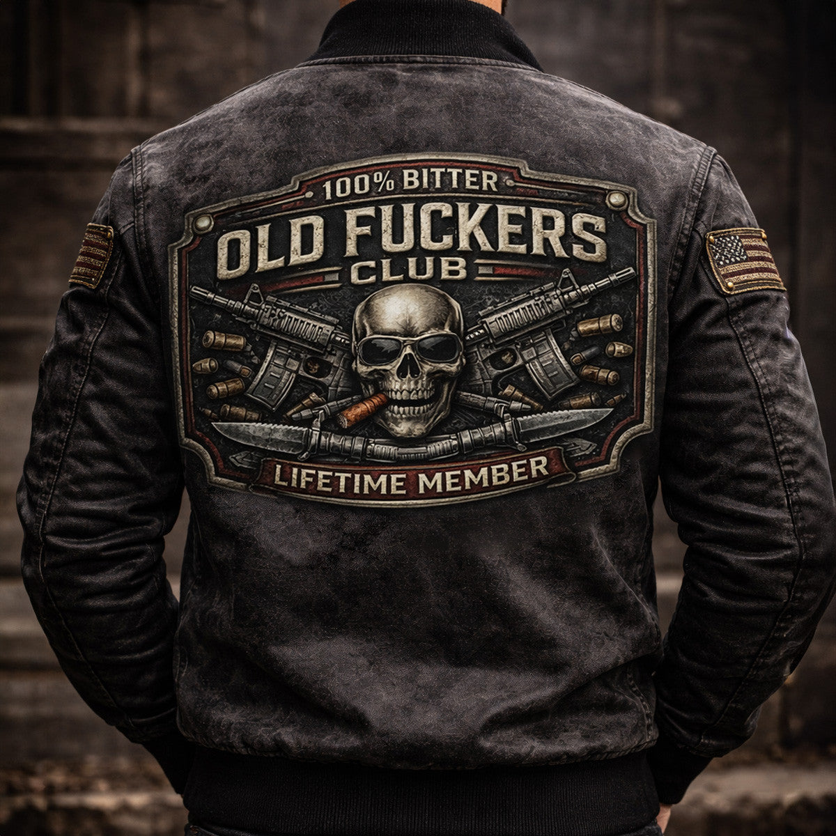 Old Fuckers Club Lifetime Member Printed Vintage Bomber Jacket Back Print Skull Design Fathers Day Gift For Dad Grandpa Birthday Gift For Men Jacket