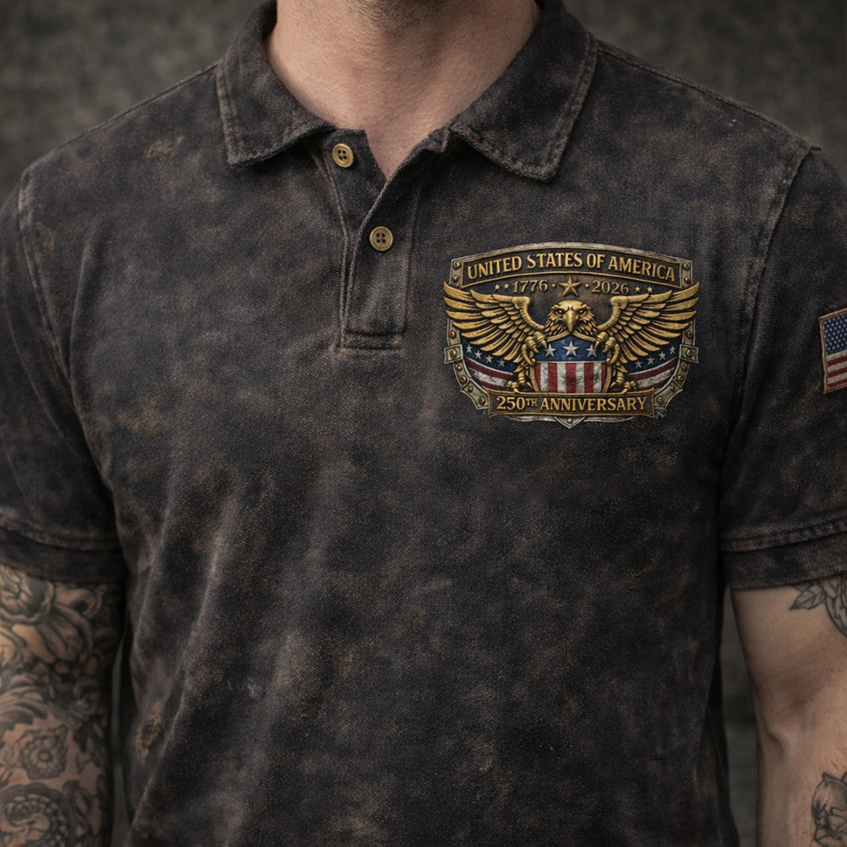 United States of America 250th Anniversary Printed Vintage Polo Shirt Patriotic Eagle USA Flag Independence Day 1776 2026 July 4 Gift Polo