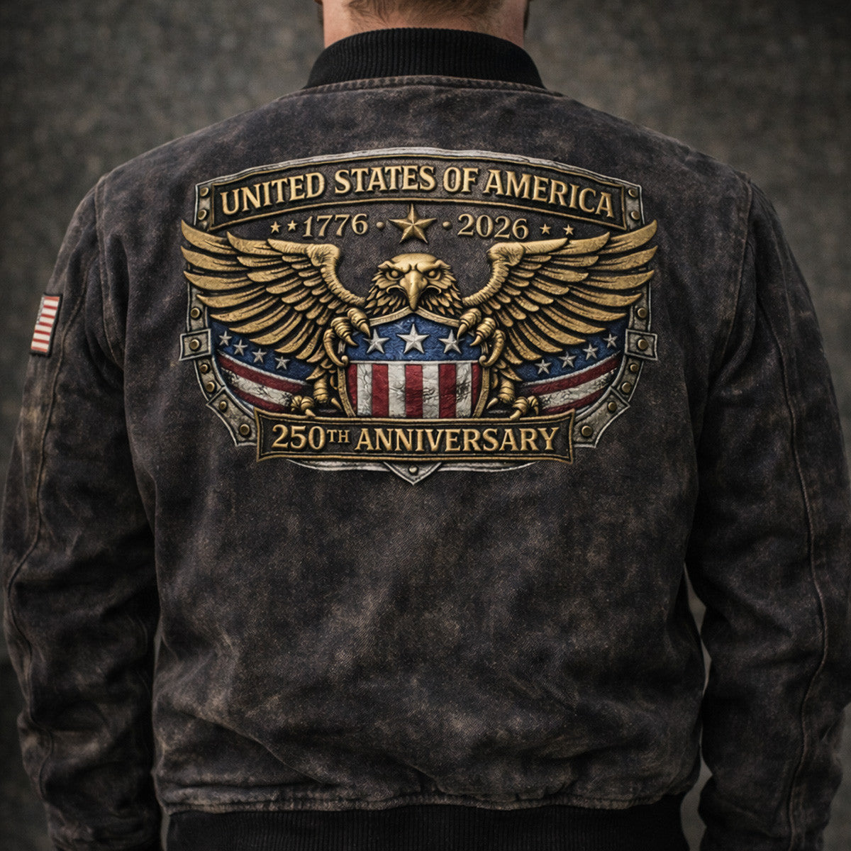 United States of America 250th Anniversary Printed Vintage Bomber Jacket Patriotic Eagle USA Flag Independence Day 1776 2026