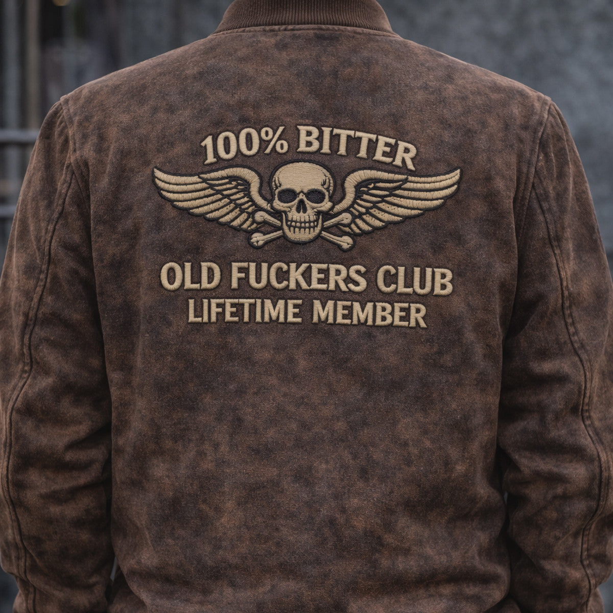 Old Fuckers Club Lifetime Member Printed Bomber Jacket Skull Wings Graphic Fathers Day Gift For Dad Grandpa Birthday Gift For Men