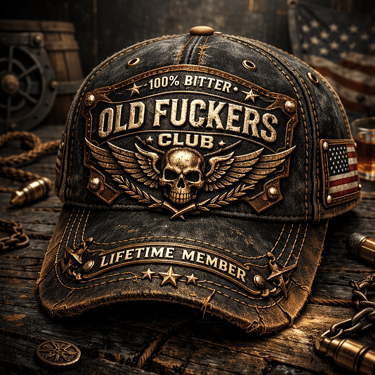 Old Fuckers Club Vintage Cap Print Funny Gift for Dad Father Day Biker Skull Hat Patriotic USA Style Lifetime Member