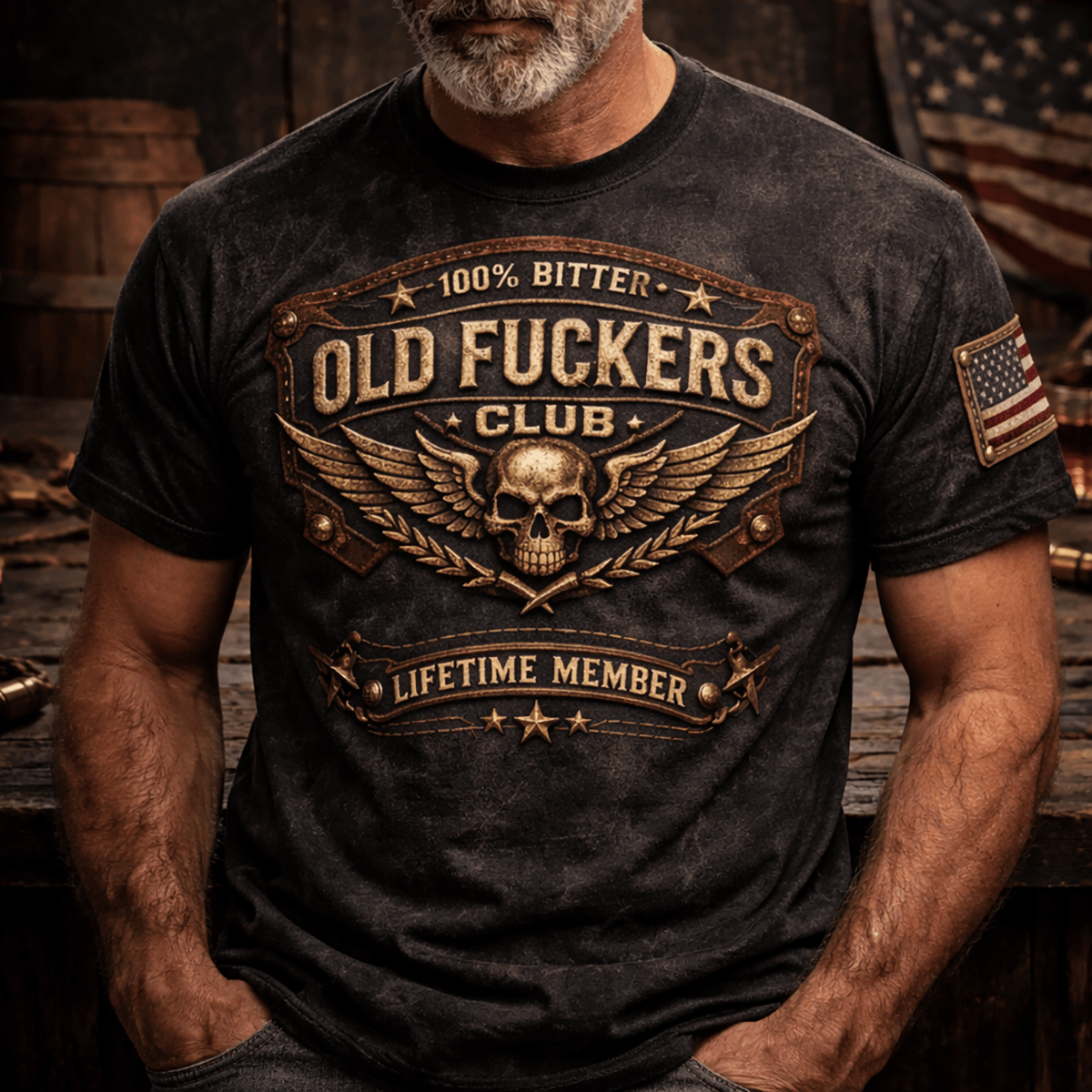 Old Fuckers Club Vintage T-Shirt Print Funny Gift for Dad Father Day Biker Skull Tee Patriotic USA Style Lifetime Member