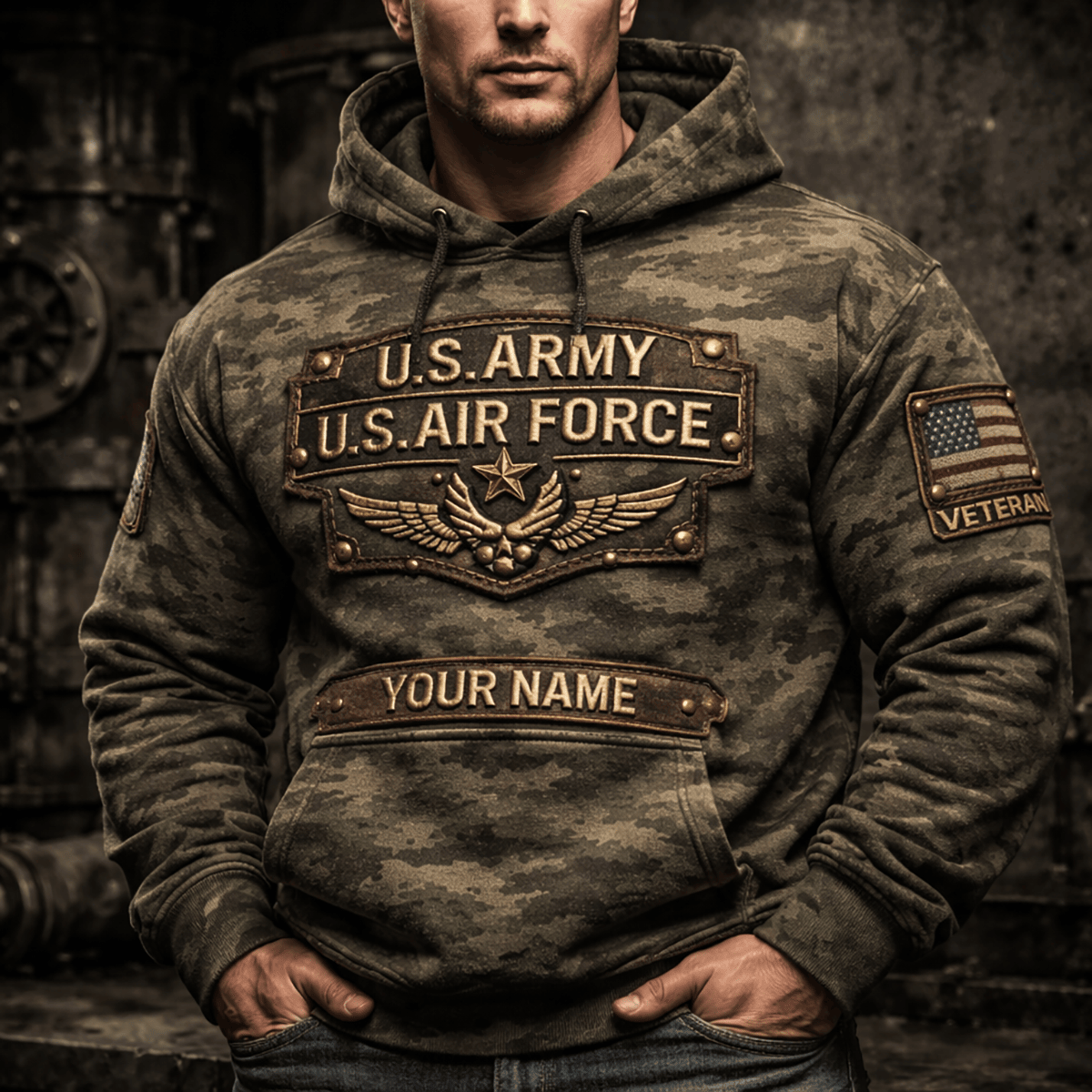 US Military Veteran Hoodie Print Personalized Name American Flag Hoodie Custom Gift for Dad Father Day Veteran Hoodie