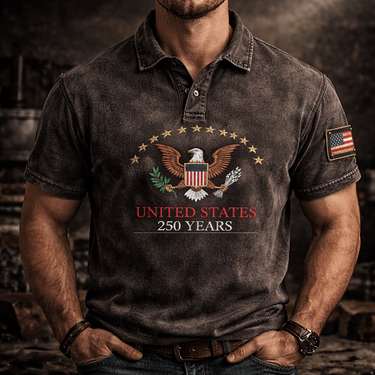 Vintage United States 250 Years Print Polo Shirt United States 250 Years Patriotic Eagle USA Flag Father Day Gift Independence