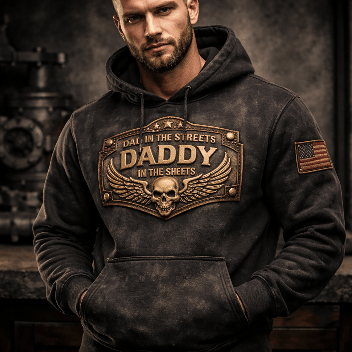 Dad In The Streets Daddy In The Sheets Print Hoodie Funny Gift for Dad Father Day Vintage Skull Wings Biker Style Hoodie for Him