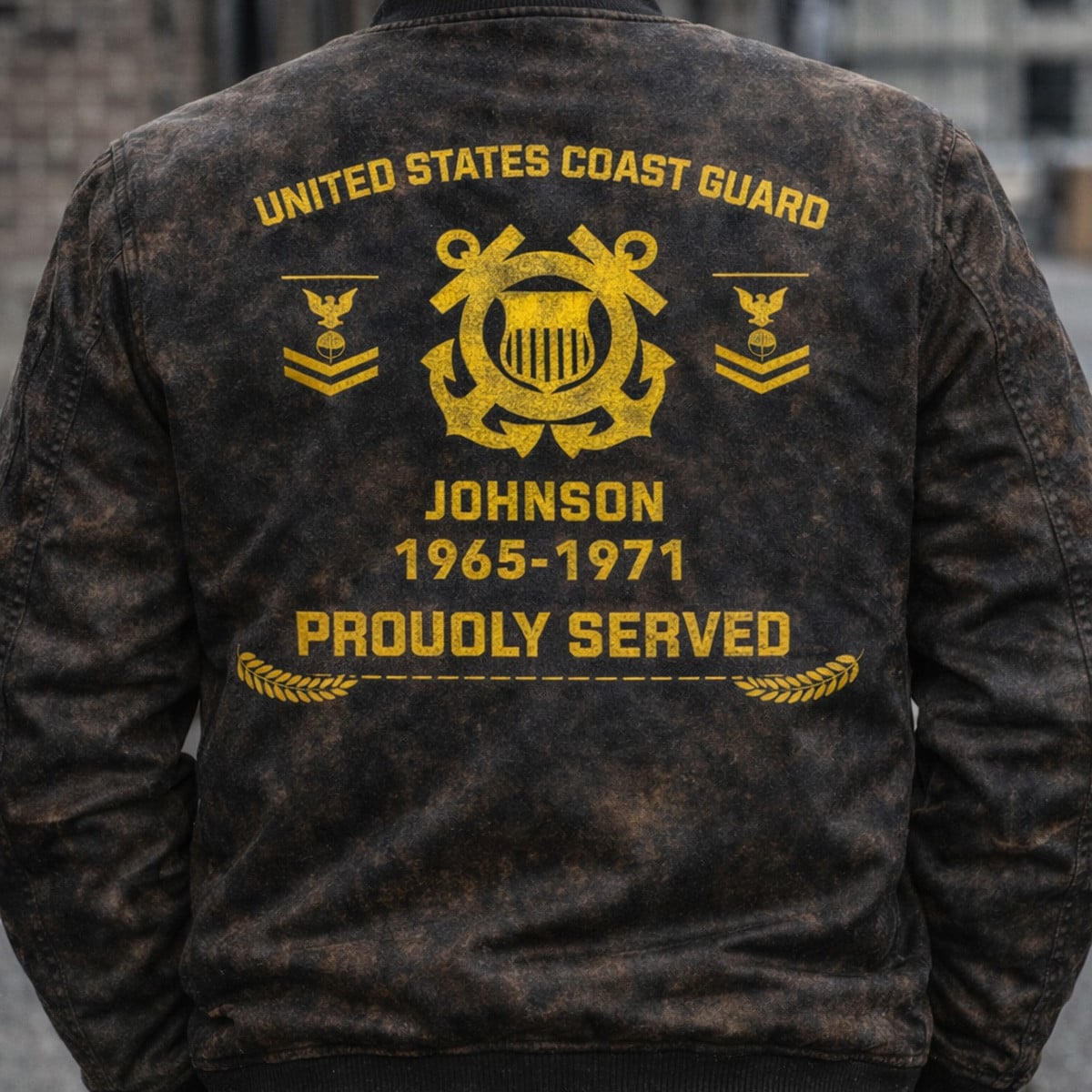 United States Coast Guard Proudly Served 1965 1971 Print Bomber Jacket Design Veteran Dad Gift Father Day Custom Name Military Style Quote Gift