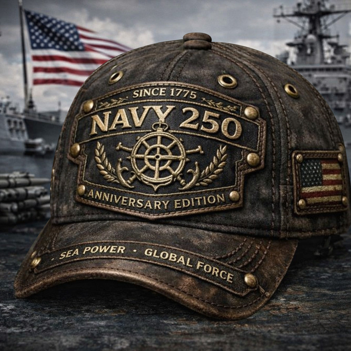 Navy 250 Anniversary Hat Since 1775 Vintage Trucker Cap US Navy Military Patriotic Gift Sea Power Global Force Cap