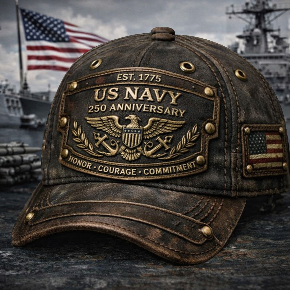 U.S. Navy 250th Anniversary Vintage Trucker Cap - Patriotic USA Flag Veteran Gift for Father's Day