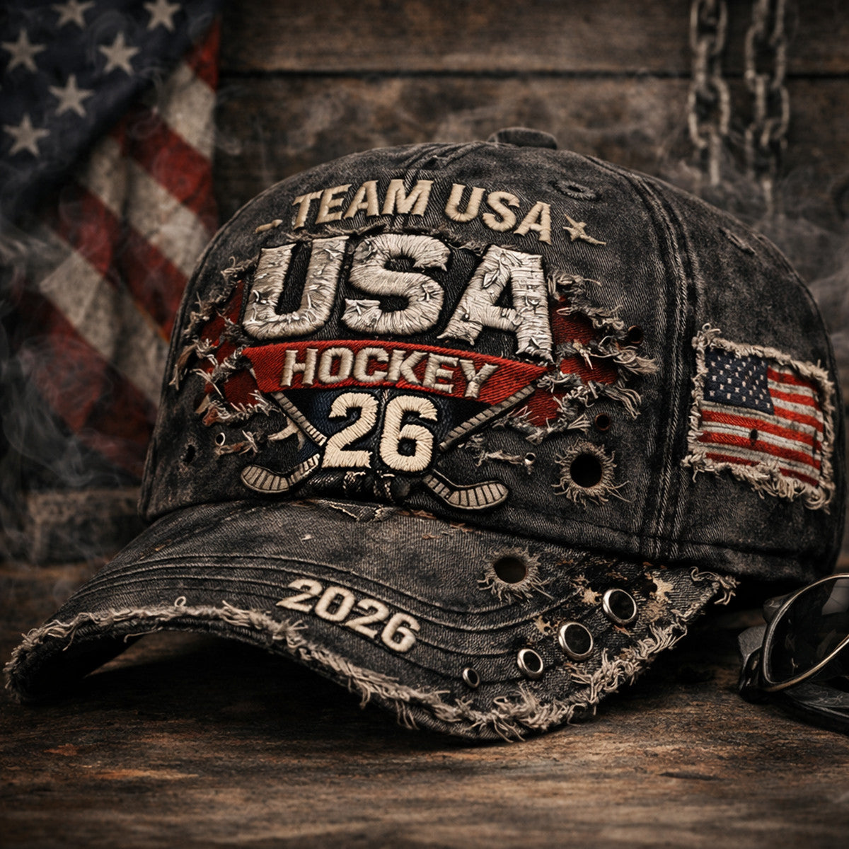 Team USA Hockey 2026 Print Hat Patriotic American Flag Design Vintage Style Gift For Dad Veteran Hockey Fan Distressed Cap