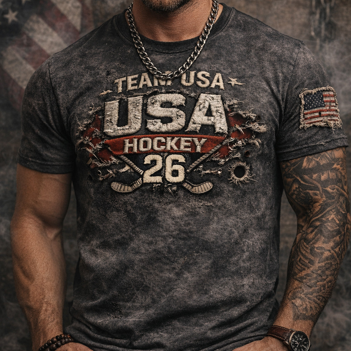 Team USA Hockey 2026 Print T Shirt Patriotic American Flag Design Vintage Style Gift For Dad Veteran Hockey Fan Apparel