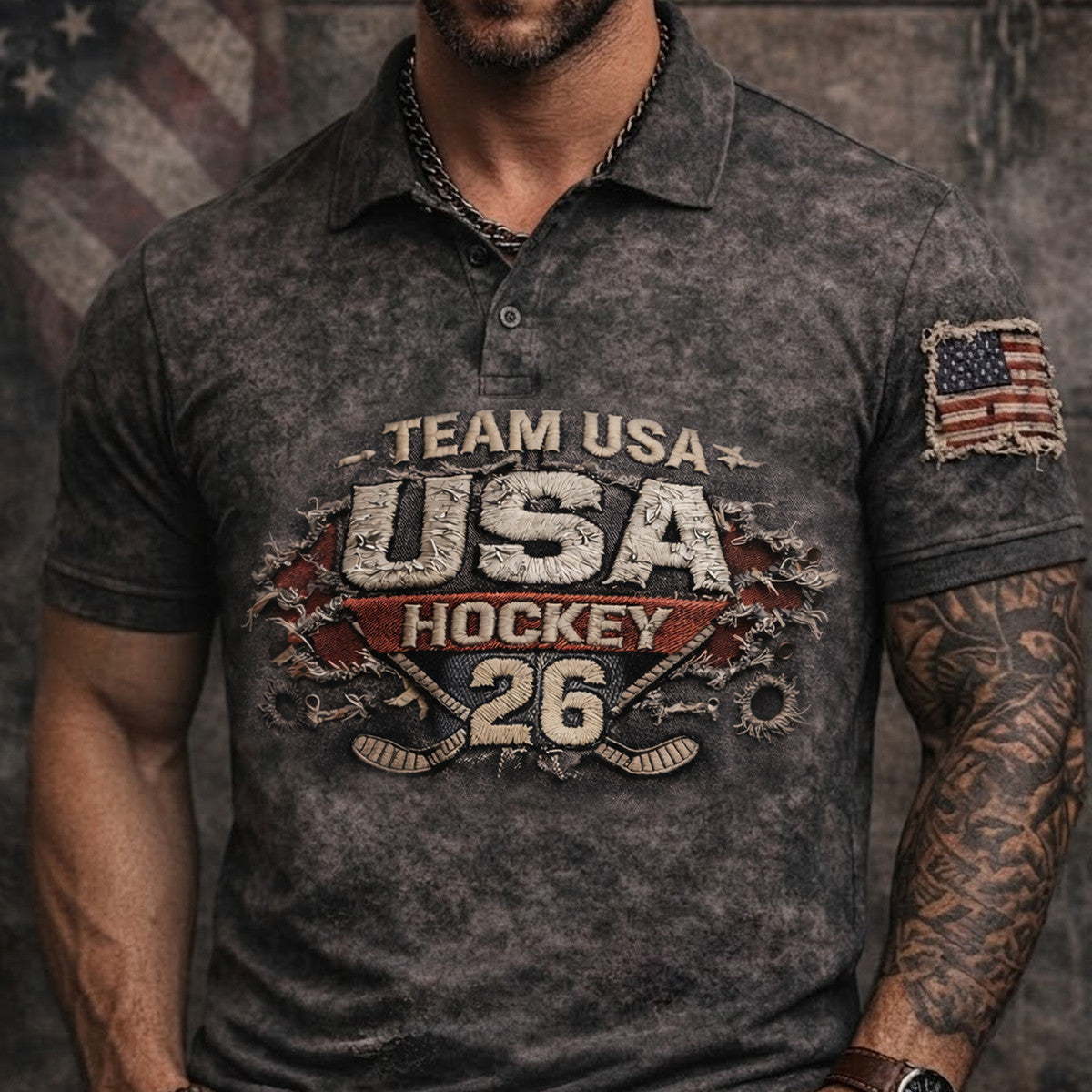 Team USA Hockey 2026 Print Polo Shirt Patriotic American Flag Design Vintage Style Gift For Dad Veteran Hockey Fan Outfit