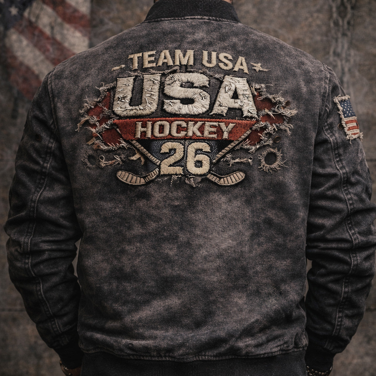 Team USA Hockey 2026 Print Bomber Jacket Patriotic American Flag Design Vintage Style Gift For Dad Veteran Hockey