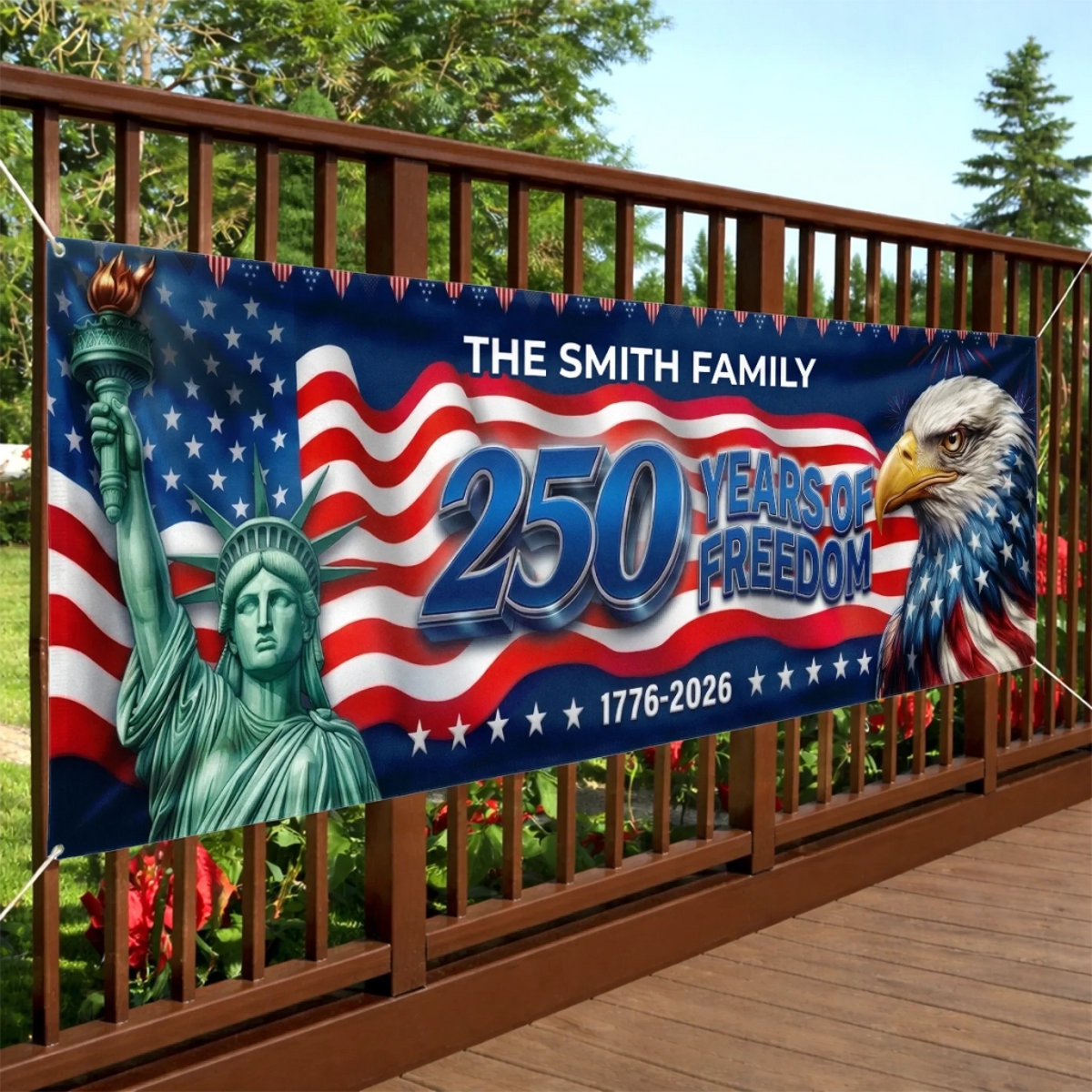 250 Years Of Freedom 1776–2026 Fence Banner American Flag Statue Of Liberty Eagle Design Personalized Family Name Patriotic Independence Day