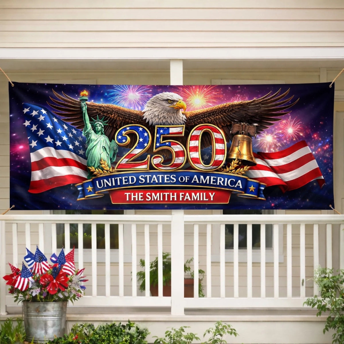 250 Years Of America Fence Banner Patriotic Eagle Statue Of Liberty Flag Design Personalized Family Name Independence Day Decoration