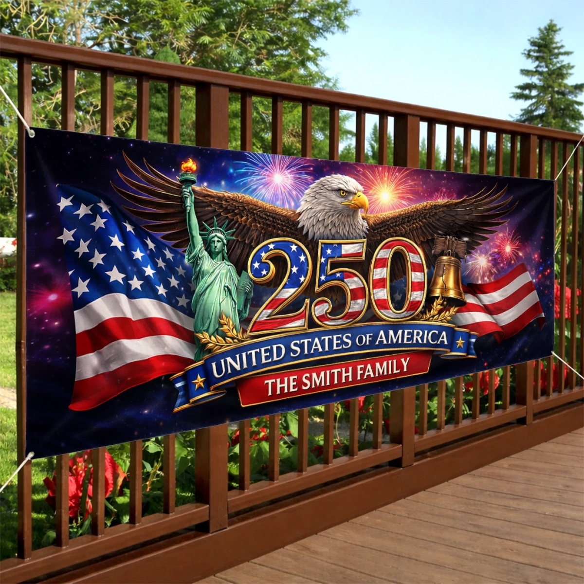 250 Years Of America Fence Banner Patriotic Eagle Statue Of Liberty Flag Design Personalized Family Name Independence Day Decoration