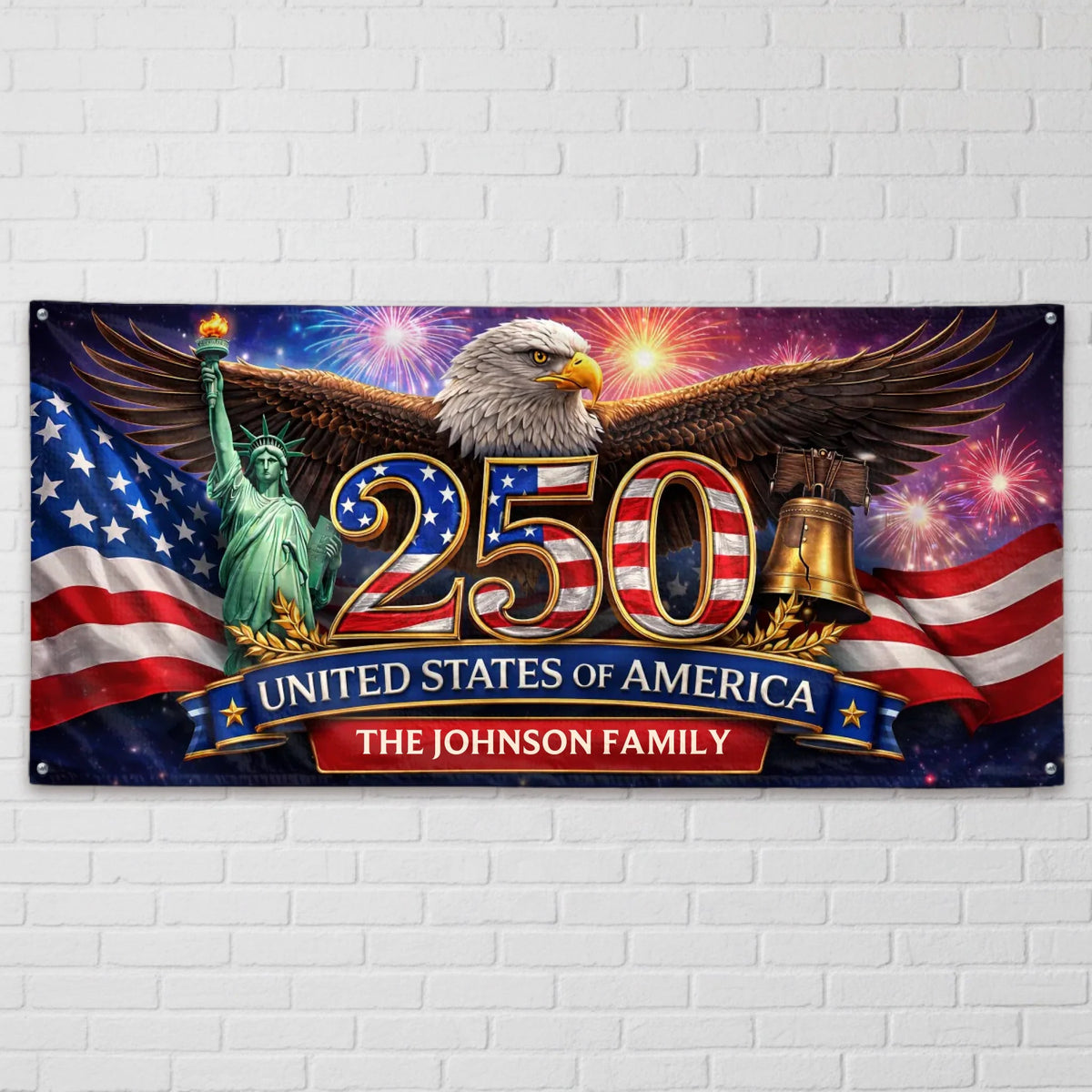 250 Years Of America Fence Banner Patriotic Eagle Statue Of Liberty Flag Design Personalized Family Name Independence Day Decoration