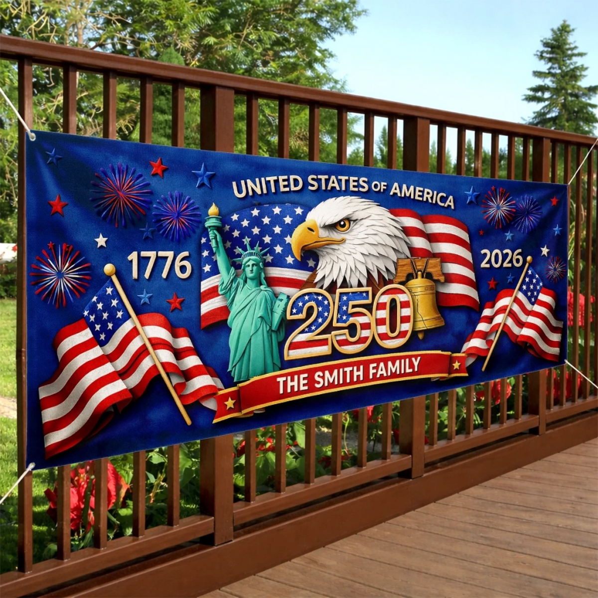 250 Years Of Freedom 1776–2026 Fence Banner United States Of America Eagle Flag Design Personalized Family Name Patriotic Independence Day