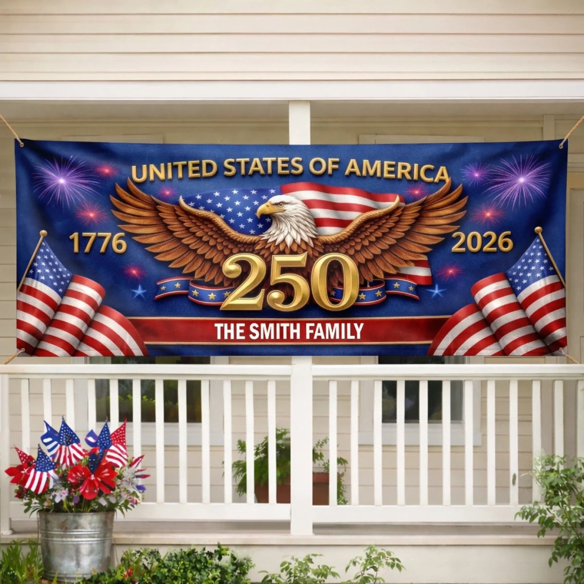 250 Years Of Freedom 1776–2026 Fence Banner United States Of America Eagle Flag Patriotic Design Personalized Family Name Independence Day Decoration