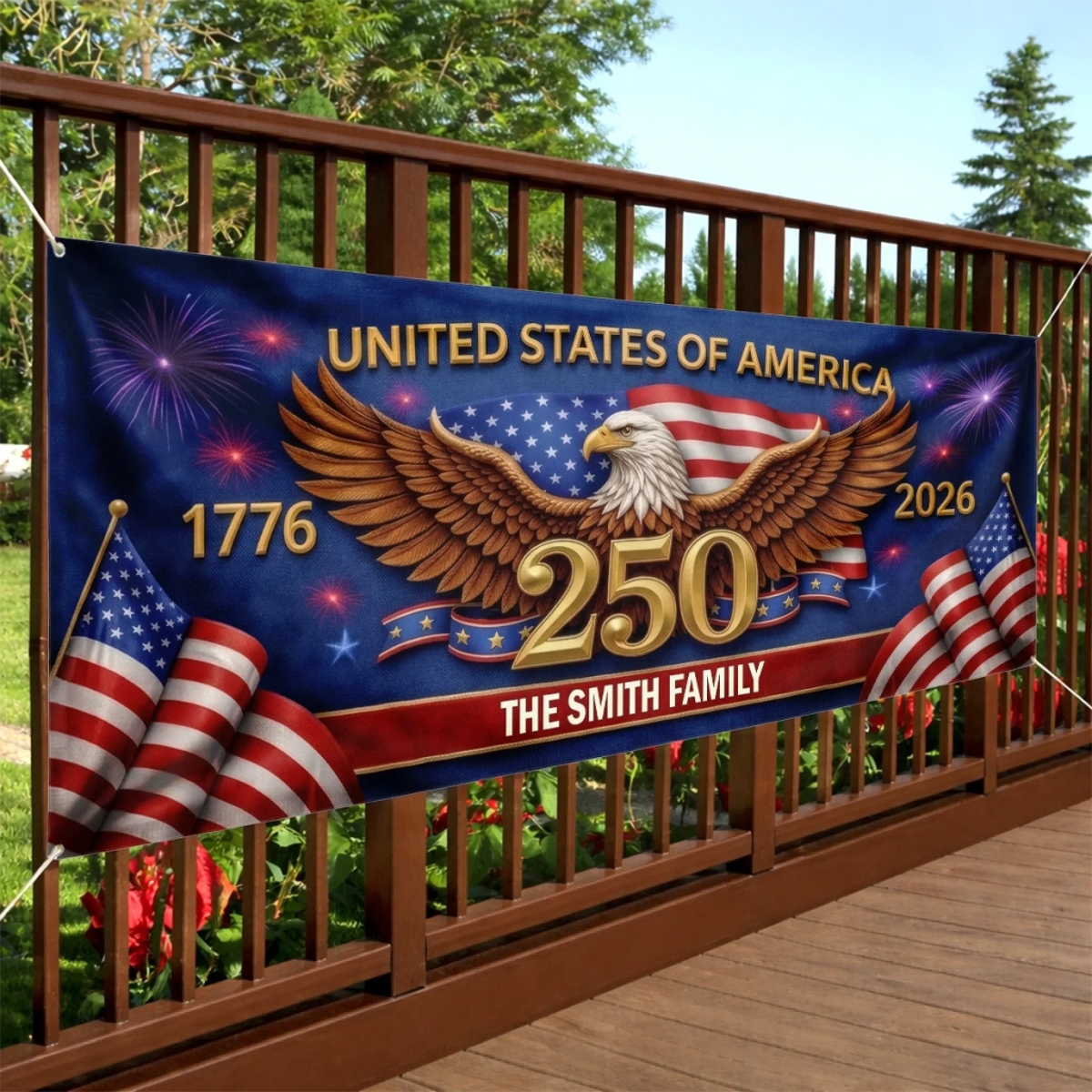 250 Years Of Freedom 1776–2026 Fence Banner United States Of America Eagle Flag Patriotic Design Personalized Family Name Independence Day Decoration