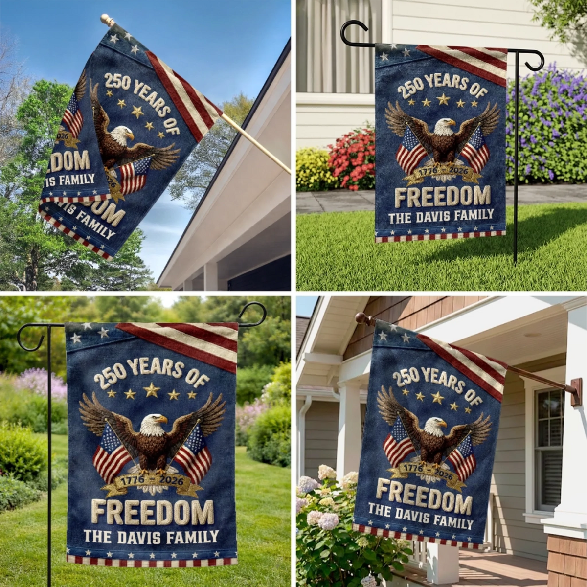 250 Years Of Freedom Garden Flag 1776–2026 Patriotic Eagle American Flag Personalized Family Name Independence Day Outdoor Decor