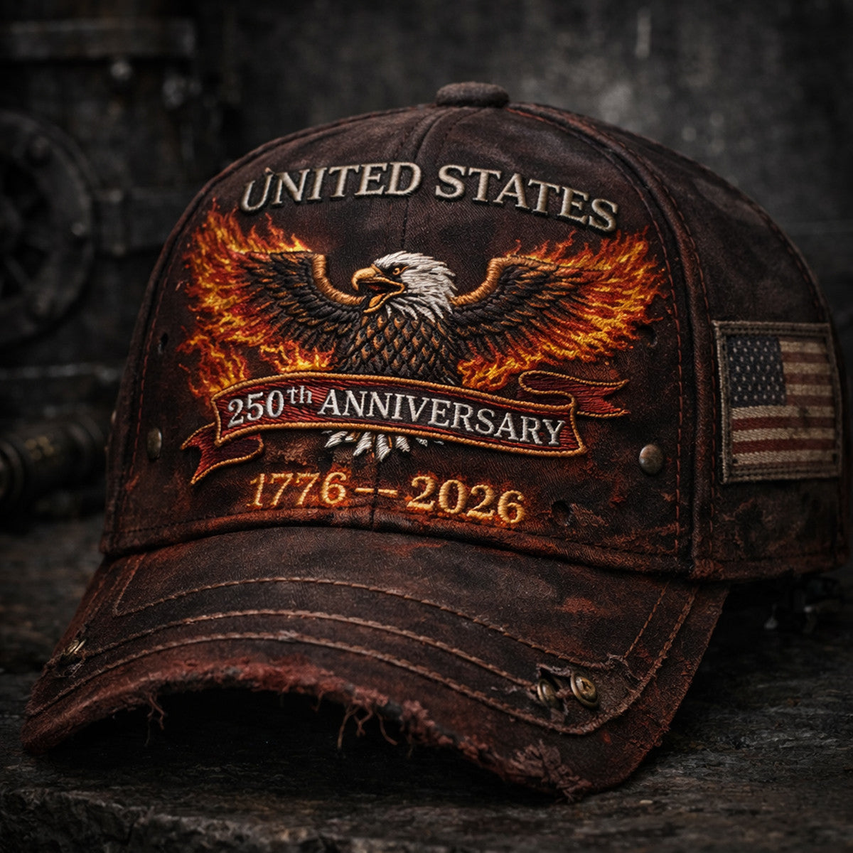 United States 250th Anniversary 1776 2026 Fire Eagle Print Cap Flame Wing Graphic USA Flag Patch Gift For Father Day Dad