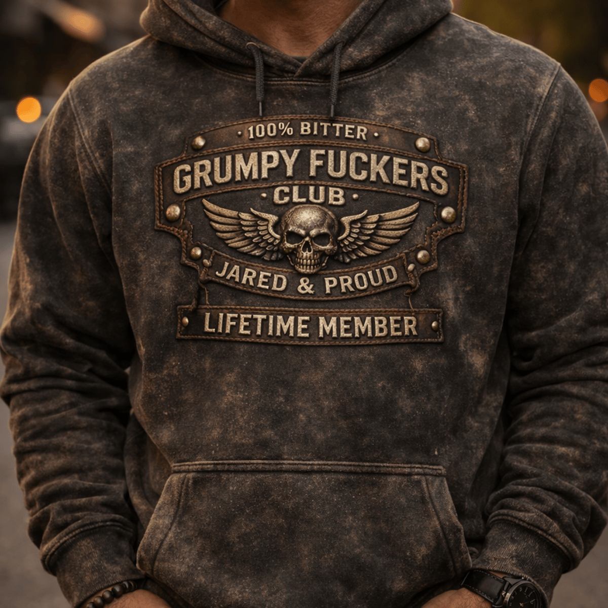 Grumpy Fuckers Club Skull Wings Print Hoodie Father Day Gift Vintage Washed Style Bold Skull Artwork Design For Dad Who Loves Biker Style