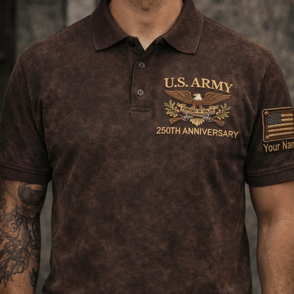 Custom Name Military 250th Anniversary Polo Shirt Printed Vintage Eagle Design Fathers Day Gift For Dad Veteran Gift
