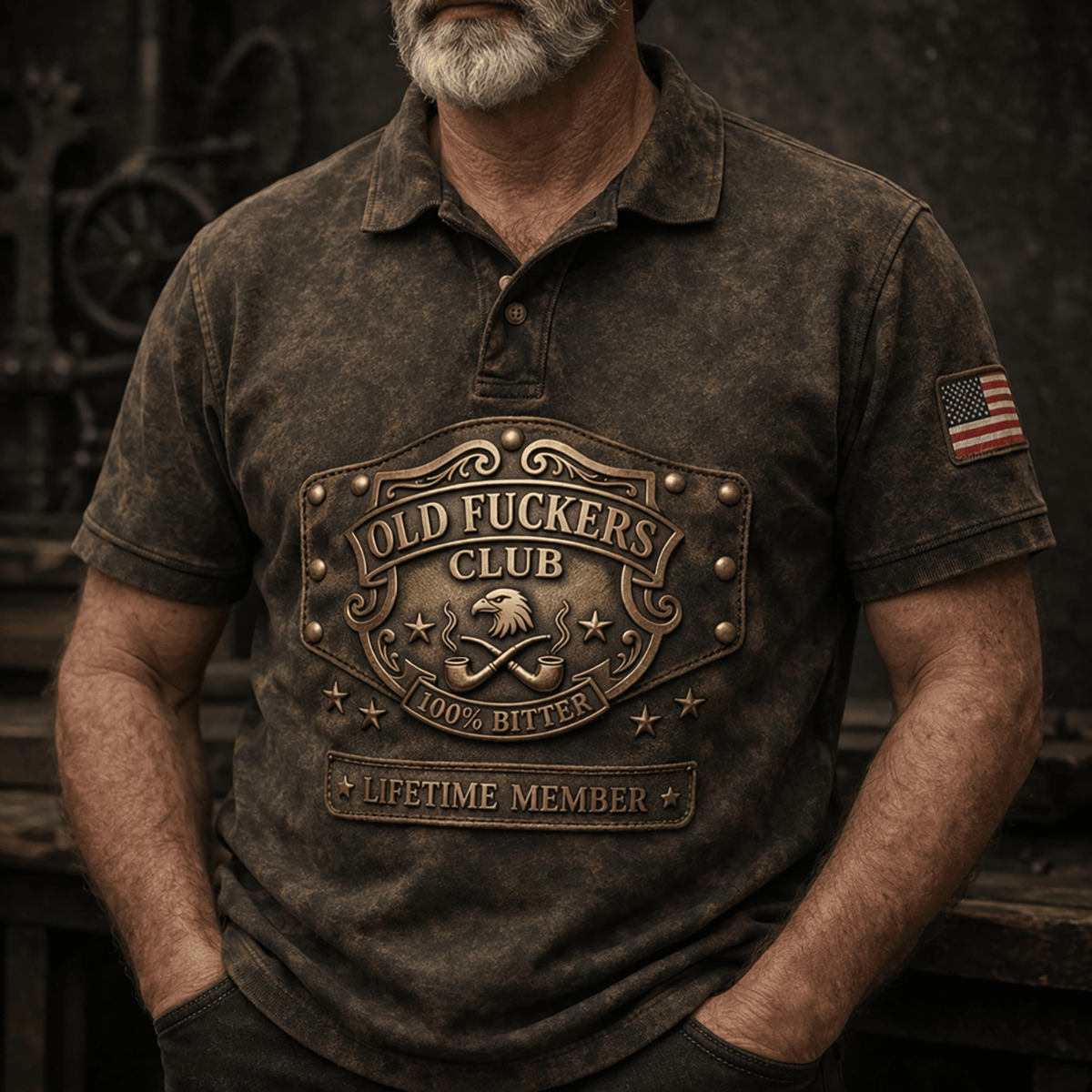 Vintage Eagle Printed Polo Shirt Old F*ckers Club, Patriotic With Eagle & USA Flag Design, Father’s Day Gift, Funny Dad Style