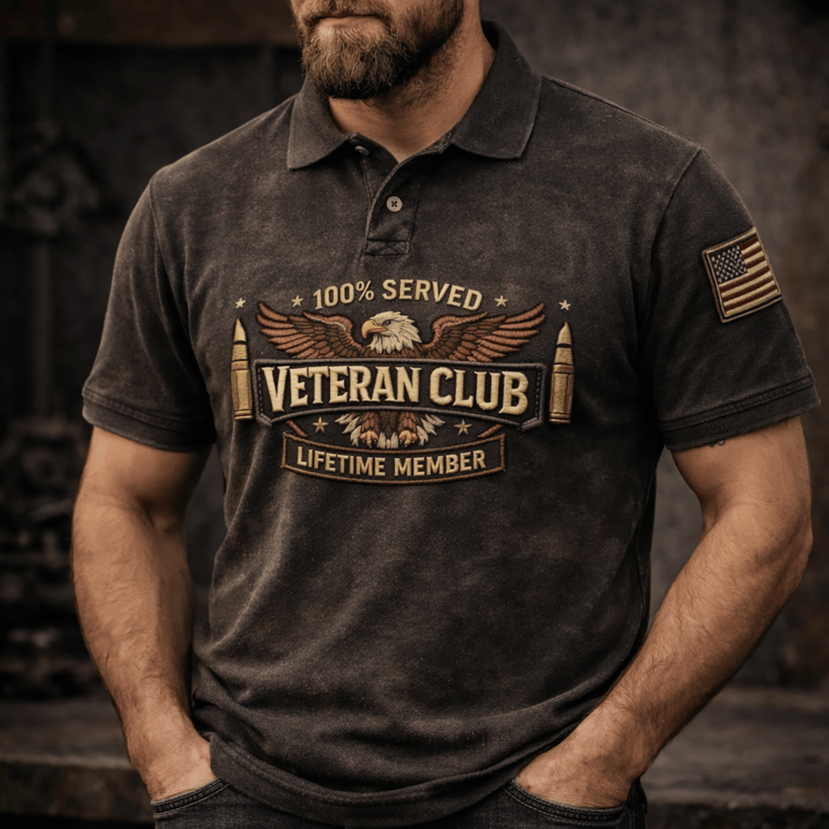 Printed Polo Shirt Veteran Club Eagle Design With Bullet Detail, Lifetime Member Style USA Flag, Father’s Day For Dad