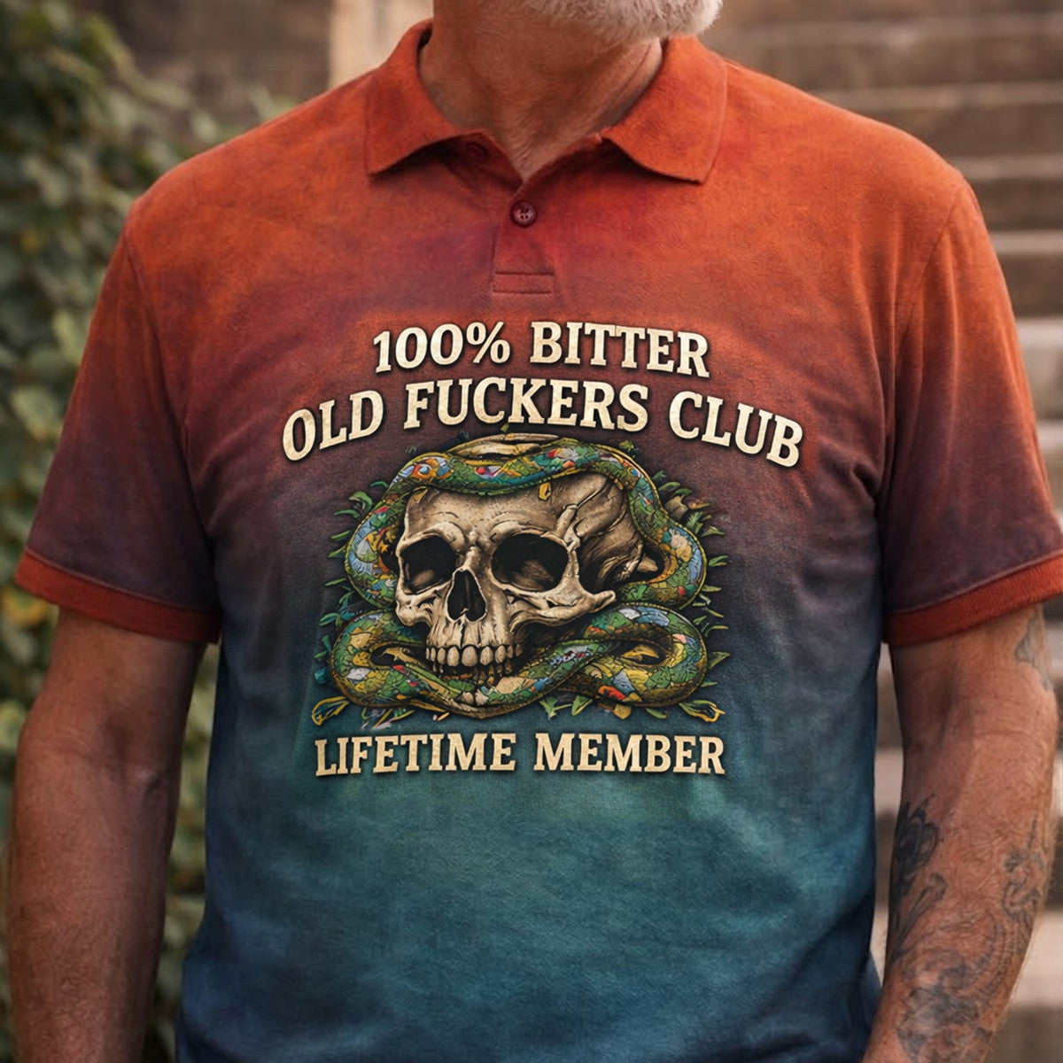 Printed Polo Shirt Old Fuckers Club Skull Snake Design Lifetime Member Style Funny Father’s Day For Dad