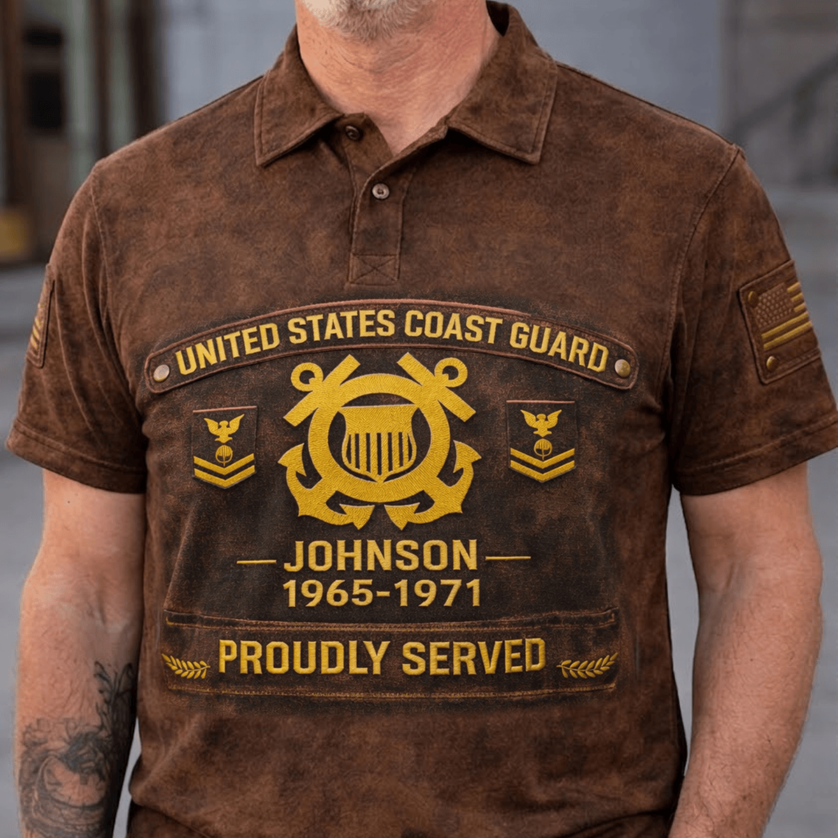 United States Coast Guard Proudly Served Printed Polo Shirt Custom Name Year Veteran Tribute Military Apparel USA Flag