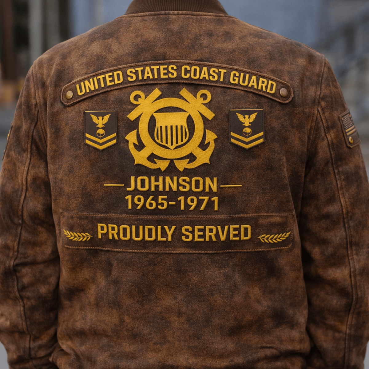 United States Coast Guard Proudly Served Printed Bomber Jacket Custom Name Veteran Tribute Military USA Flag Design For Father's Day