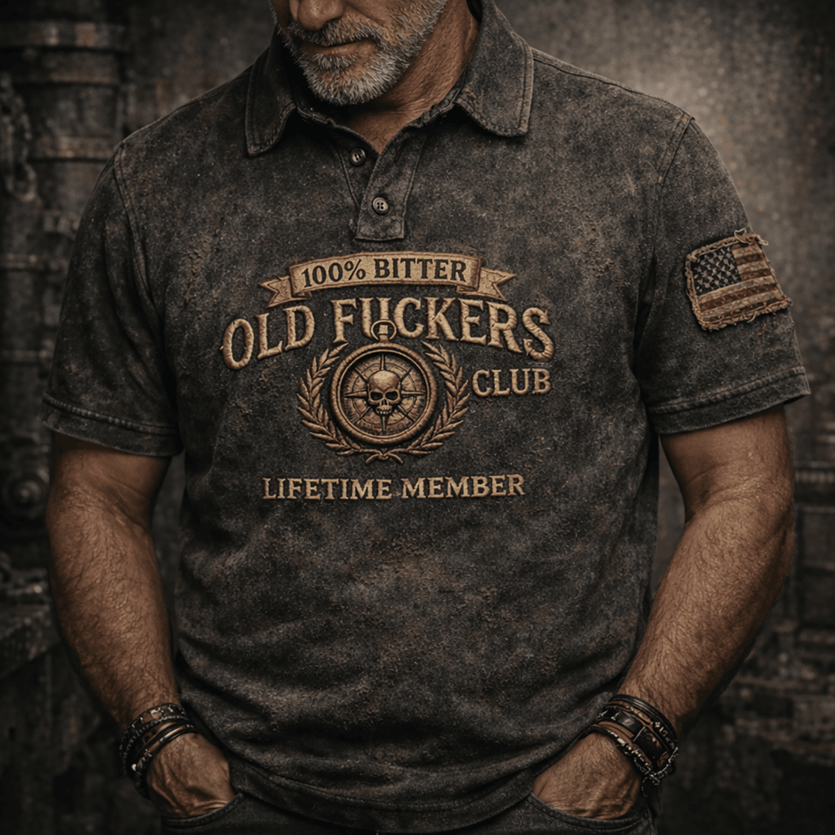 Old Fckers Club Skull Printed Polo Shirt Vintage Distressed Biker Style Funny Dad Gift For Fathers Day USA Flag Design